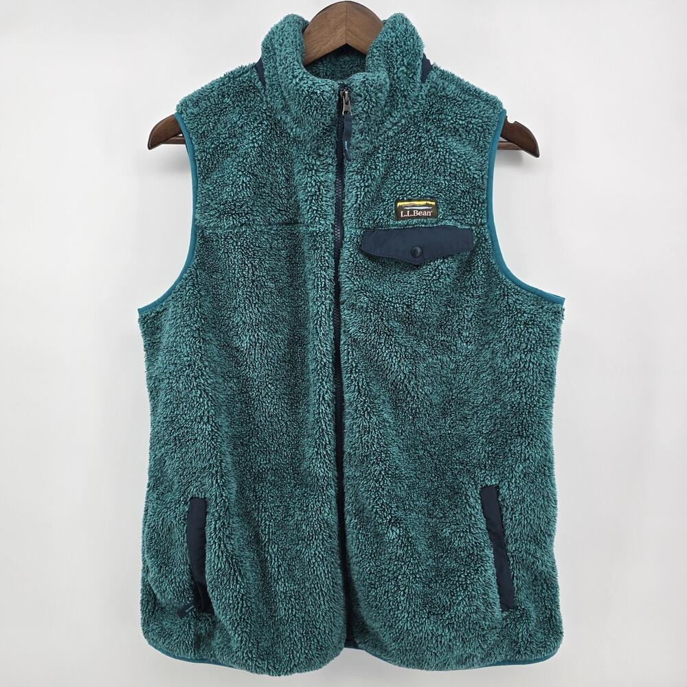 LL Bean Sherpa Fleece Vest Full Zip Womens Large Teal Outdoor Hiking Pockets